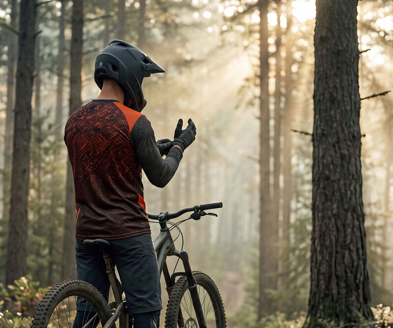 Ciclista de montaña con casco ajustándose los guantes en un bosque al amanecer