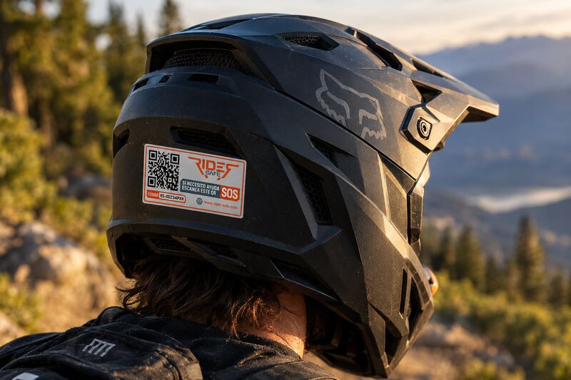 Casco con adhesivo SOS Rider Safe instalado